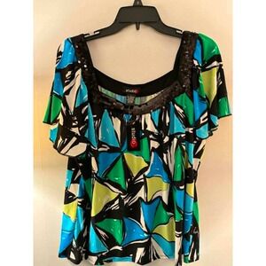 Studio G Womens Abstract‎ Geometric Square Neck Blouse Top Blue Green L NWT